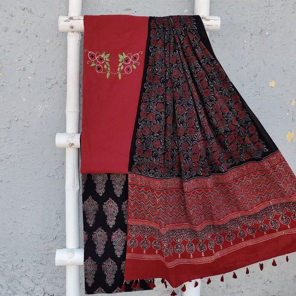 RUSTIC MADDER- Pure Cotton Handloom Top With Embroidered Yoke A Beautiful Ajrak Cotton Bottom And An Ajrak Dupatta