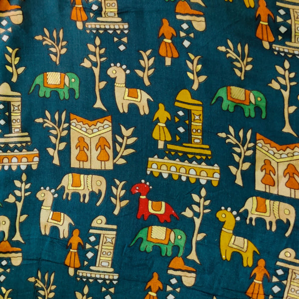 Rayon Blue With A Tribal Village Screen Print Fabric