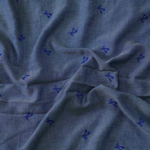 Rayon Denim Blue With Blue Double Flower Embroidery Fabric