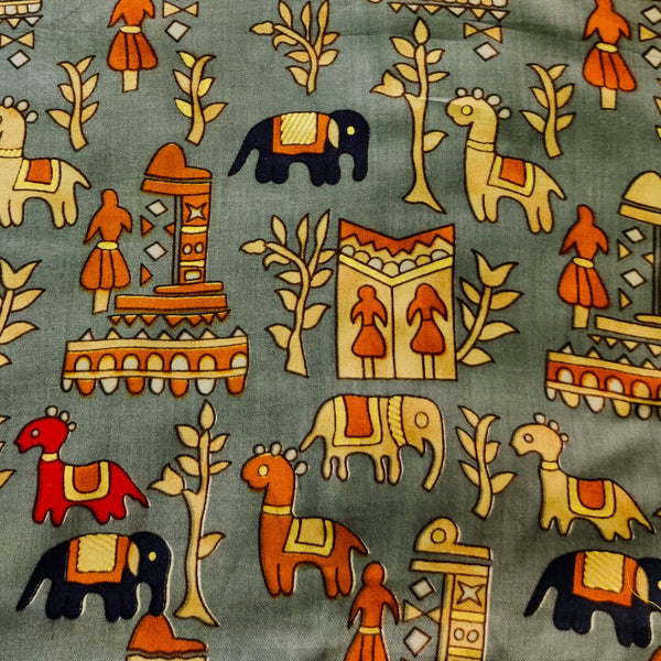 Rayon Grey With A Tribal Village Screen Print Fabric