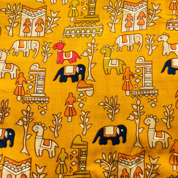 Rayon Mustard With A Tribal Village Screen Print Fabric