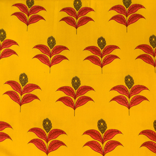 Rayon Mustard With Green And Peach Wild Flower Plant Screen Print Fabric