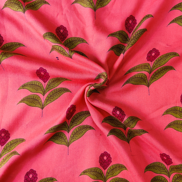 Rayon Pink With Mughal Plant Screen Print Fabric