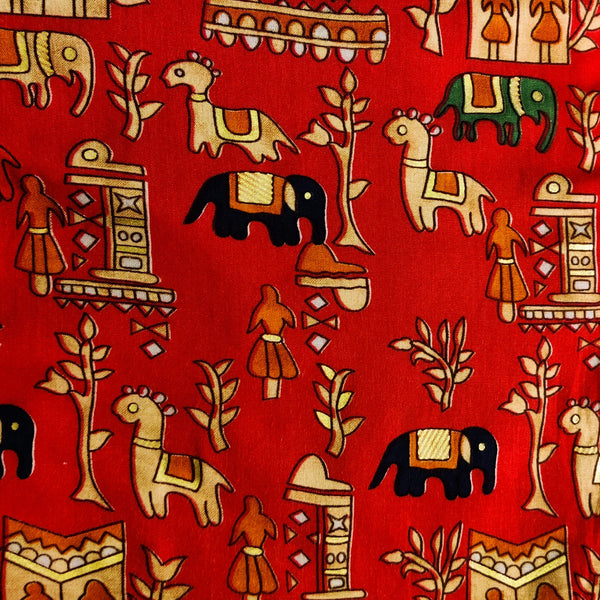 Rayon Red With A Tribal Village Screen Print Fabric