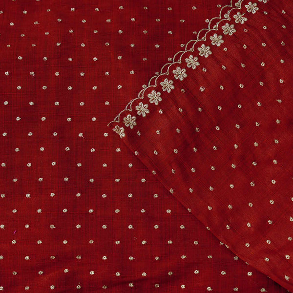 Red Slub Silk Cotton With Gold Zari Butti With One Side Scalloped Border Embroidered Fabric