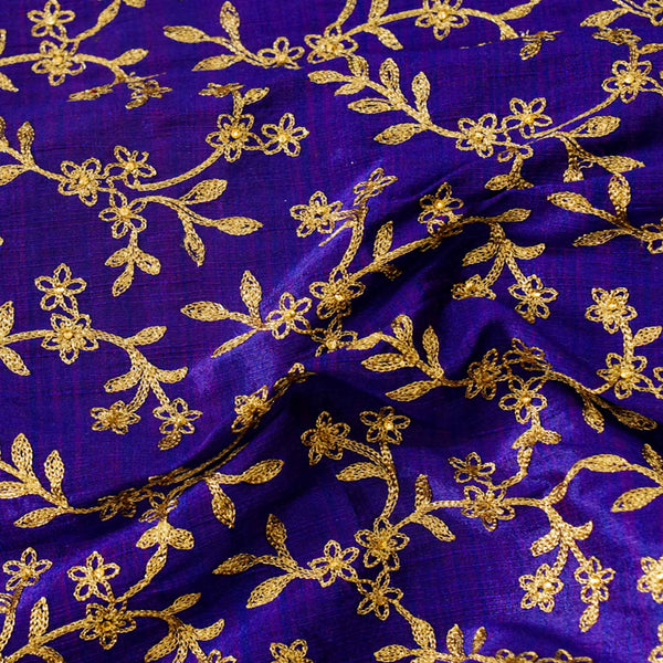 Royal Blue Slub Silk Cotton With Gold Zari Jaal Embroidered Fabric