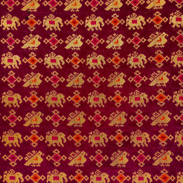 Royal Brocade Purple With Gold Patola Elephant And Bird Figures Woven Fabric