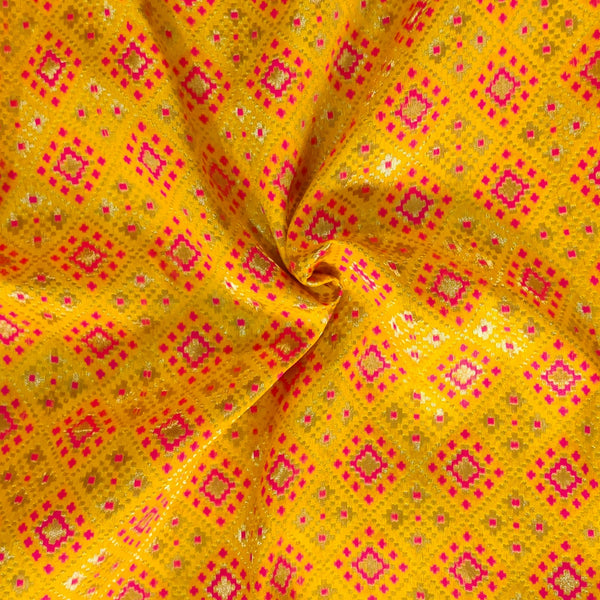 Royal Brocade Yellow With Pink Patola Woven Fabric