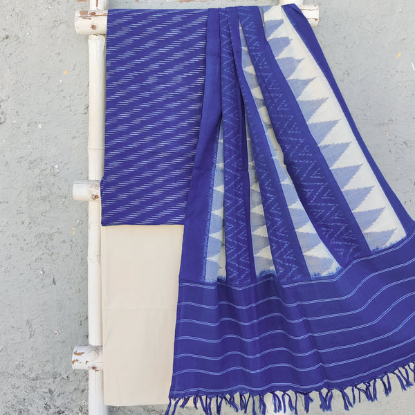 SAGARIKA- Pure Cotton Ikkat Top Fabric With Mangalgiri Bottom And A Beautiful Ikkat Hand Woven Dupatta Blue White