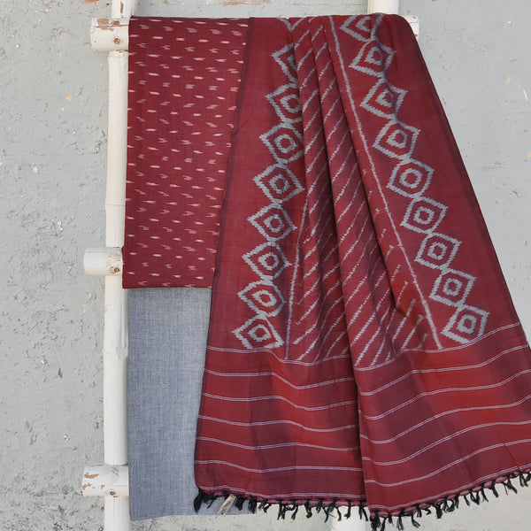 SAGARIKA- Pure Cotton Ikkat Top Fabric With Mangalgiri Bottom And A Beautiful Ikkat Hand Woven Dupatta Maroon Grey