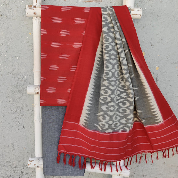 SAGARIKA- Pure Cotton Ikkat Top Fabric With Mangalgiri Bottom And A Beautiful Ikkat Hand Woven Dupatta Red Grey