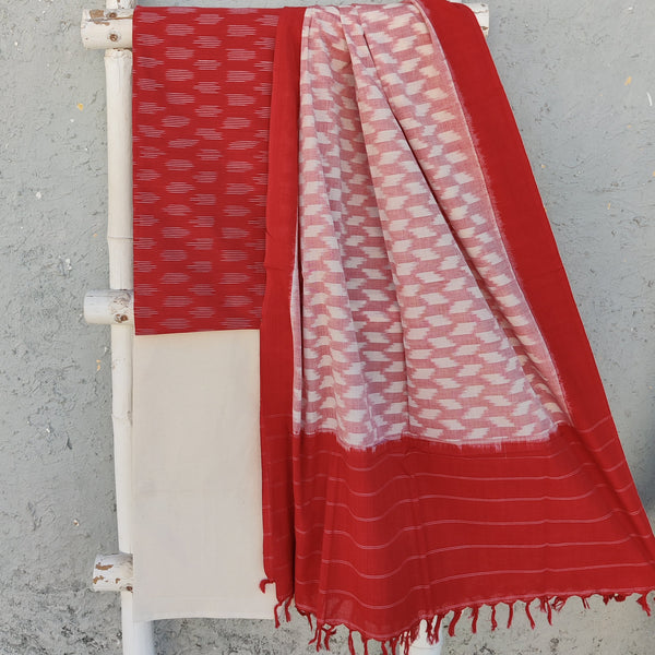 SAGARIKA- Pure Cotton Ikkat Top Fabric With Mangalgiri Bottom And A Beautiful Ikkat Hand Woven Dupatta Red White