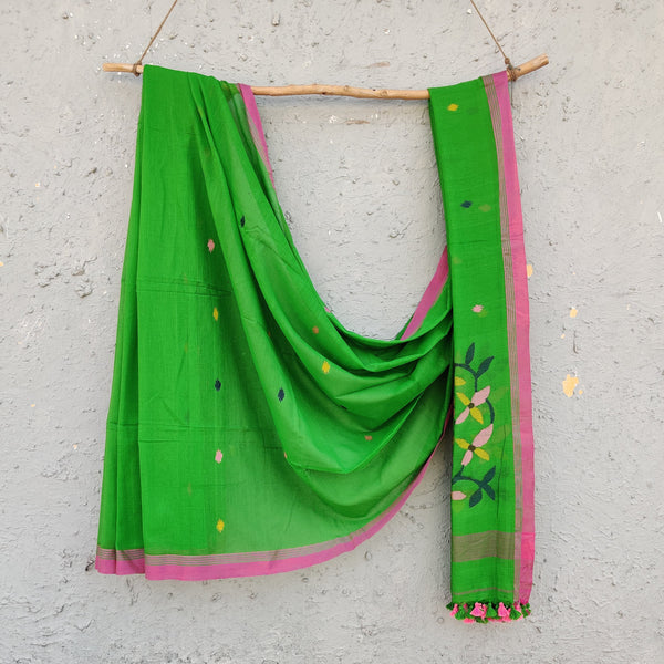 SHEVANTI - Green Pure Cotton Soft Jamdani Saree With Pink Border