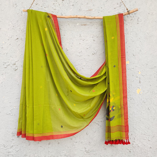 SHEVANTI - Parrot Green Pure Cotton Soft Jamdani Saree With Red Border