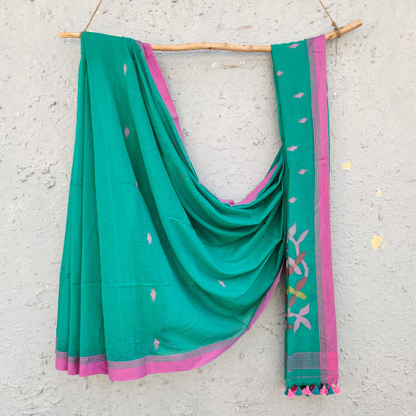 SHEVANTI - Teal Pure Cotton Soft Jamdani Saree With Pink Border