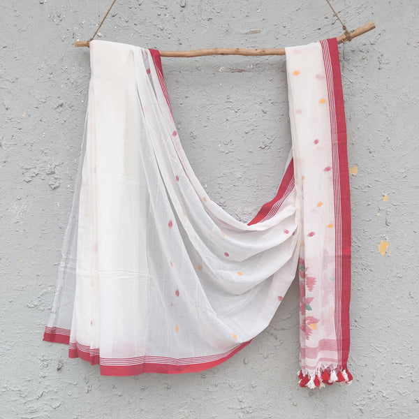 SHEVANTI - White Pure Cotton Soft Jamdani Saree With Red Border