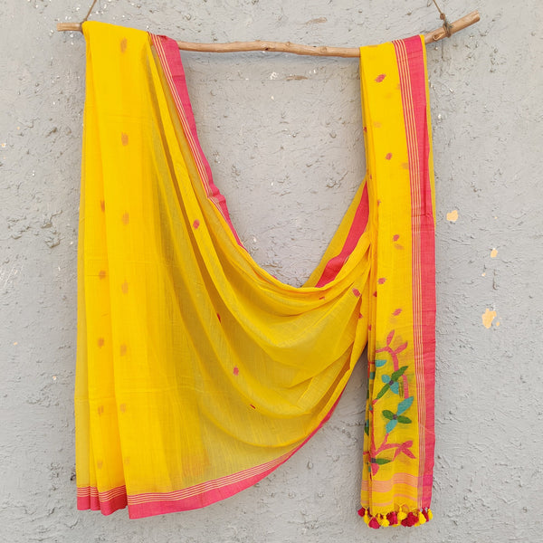 SHEVANTI - Yellow Pure Cotton Soft Jamdani Saree With Pink Border