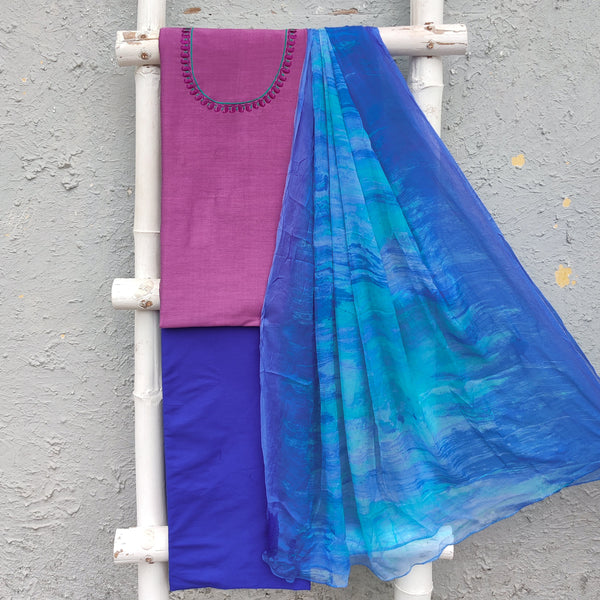 SRIDHA - Cotton Silk Embroidered Purple Top With Blue Cotton  Bottom And A Chiffon Dupatta