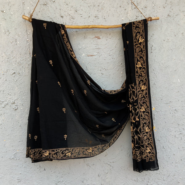 SUI DHAAGA - Pure Mul Cotton Black With Beige Hand Kaatha Hand Block Print Fabric