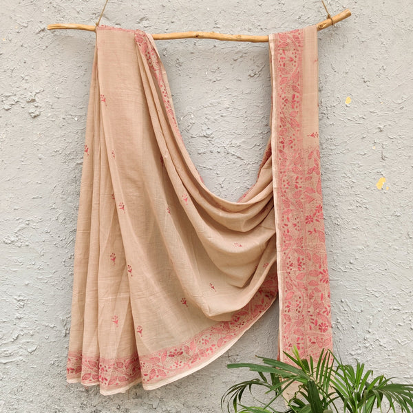 SUI DHAGA - Pure Bengal Mul Cotton Handmade Kaatha Work Saree Beige with Peach Kaatha Work