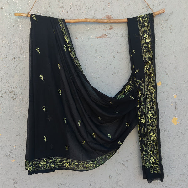 SUI DHAGA - Pure Bengal Mul Cotton Handmade Kaatha Work Saree Black