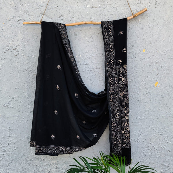 SUI DHAGA - Pure Bengal Mul Cotton Handmade Kaatha Work Saree Black with Beige Kaatha work