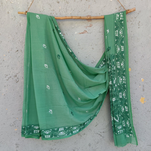 SUI DHAGA - Pure Bengal Mul Cotton Handmade Kaatha Work Saree Green