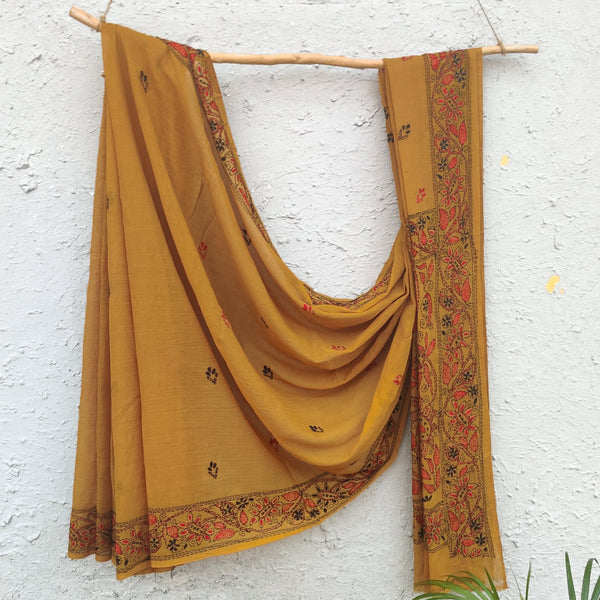 SUI DHAGA - Pure Bengal Mul Cotton Handmade Kaatha Work Saree Mustard with Red Kaatha Work