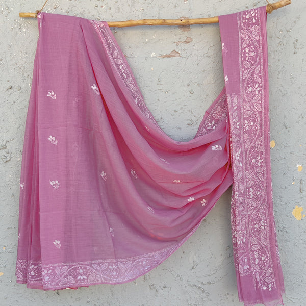 SUI DHAGA - Pure Bengal Mul Cotton Handmade Kaatha Work Saree Pink