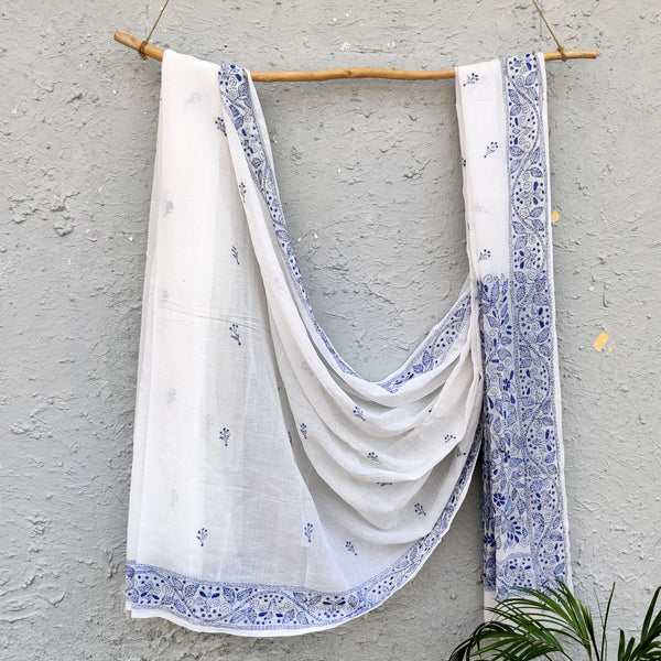 SUI DHAGA - Pure Bengal Mul Cotton Handmade Kaatha Work Saree white with Blue  Kaatha Work