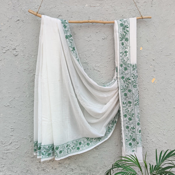 SUI DHAGA - Pure Bengal Mul Cotton Handmade Kaatha Work Saree white with Green Kaatha Work