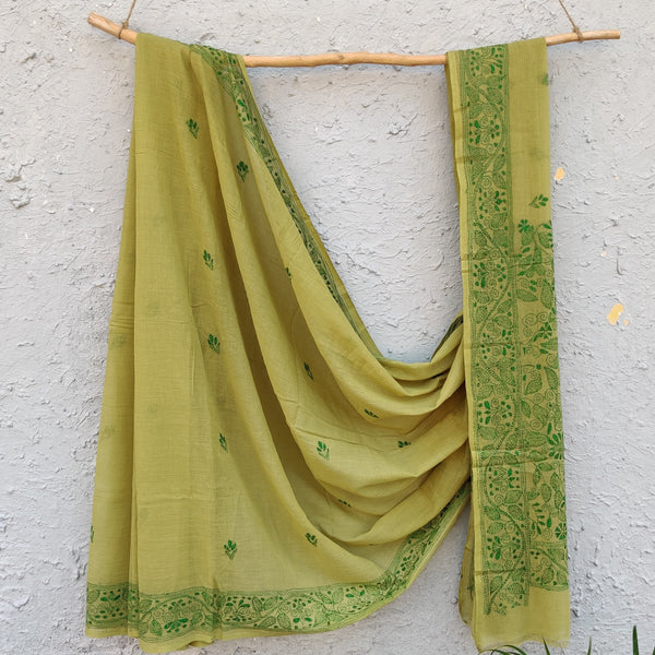 SUI DHAGA - Pure Bengal Mul Cotton Handmade Kaatha Work Saree Light Green with Dark green Kaatha Work