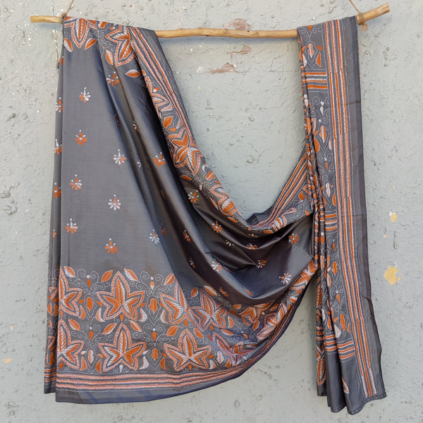 SUI DHAGA SPECIAL - Grey Semi Bangalore Silk Saree With Orange Cream IntricateLeaf Design Hand Stitched Saree