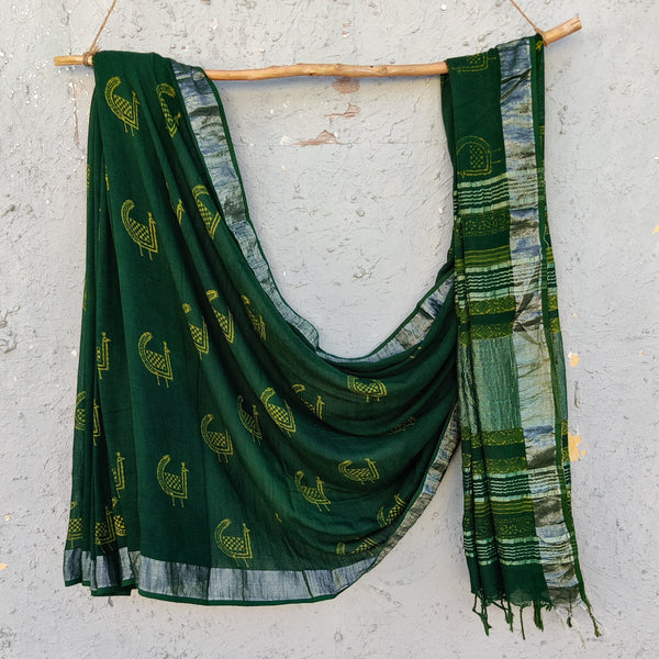 SUKOON - Linen Akola Dabu Green Peacock Saree