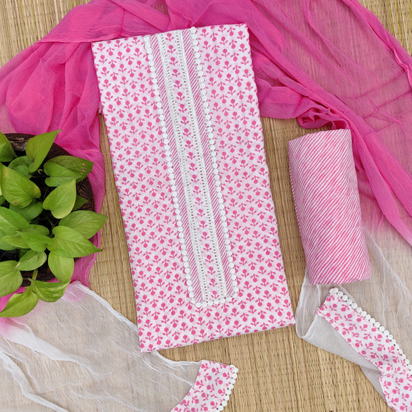 SURABHI - Pure Cotton Pink Everyday Wear Suit Set With Chiffon Dupatta