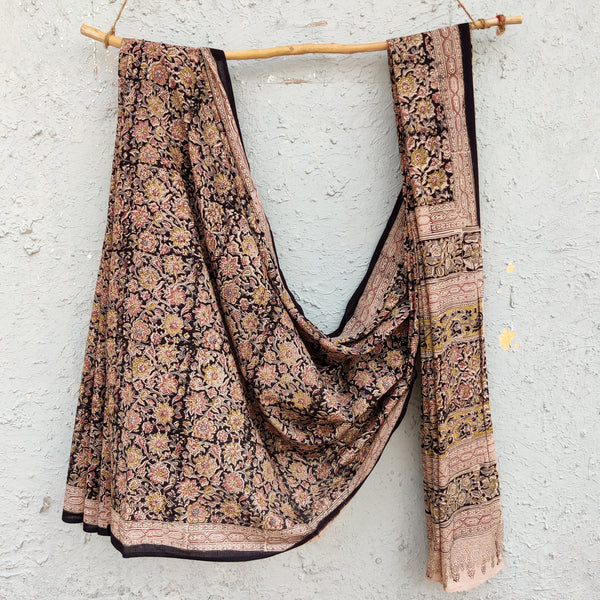 SWARA - Pure Cotton Kalamkari Black Saree With Peach Mustard Floral Jaal Hand Block Print Saree