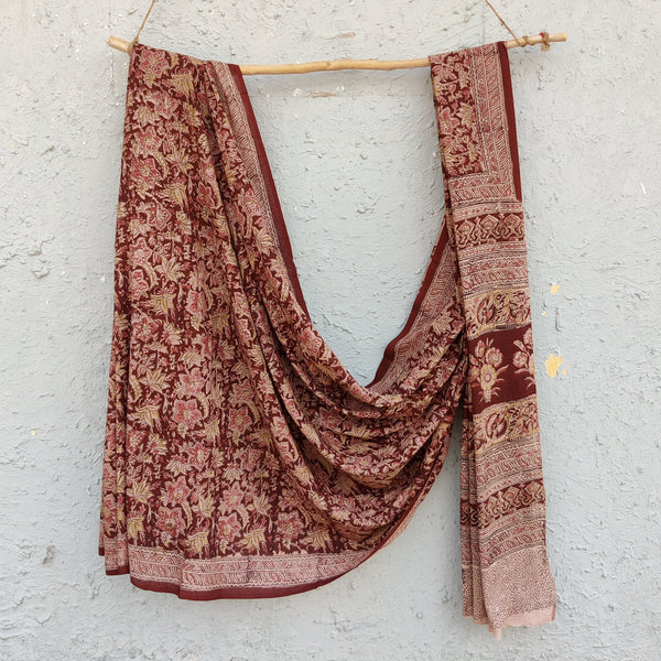 SWARA - Pure Cotton Kalamkari Brown Saree With Peach Mustard Floral Jaal Hand Block Print Saree