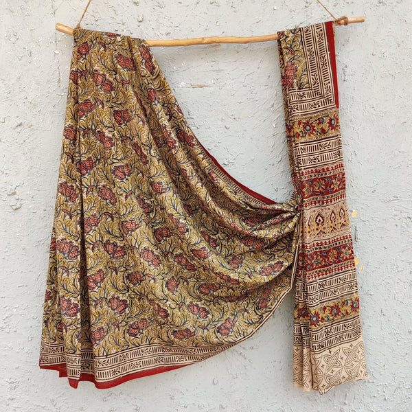 SWARA - Pure Cotton Kalamkari Earth Mustard Wild Floral Jaal Hand Block Print Saree