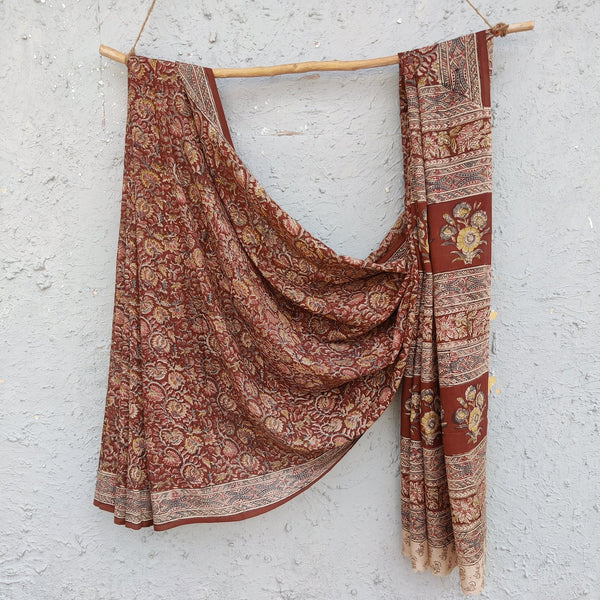 SWARA - Silk Kalamkari Brown Saree With Peach Mustard Wild Floral Jaal Hand Block Print Saree