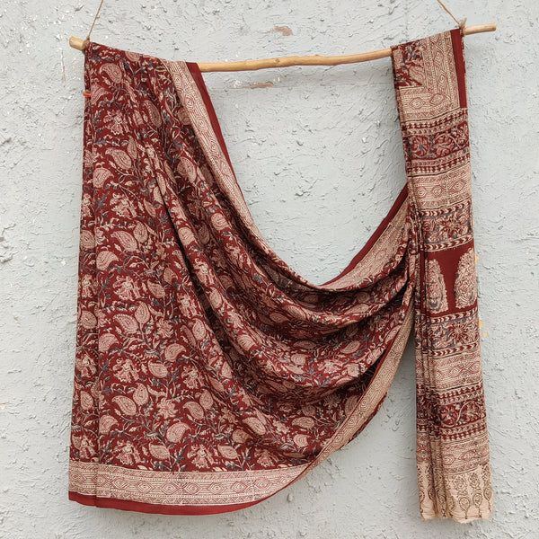 SWARA - Silk Kalamkari Saree Brown With Small Leaf Paiseley Jaal