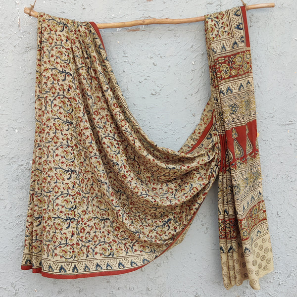 SWARA - Silk Kalamkari Saree Cream With Tiny Floral Jaal