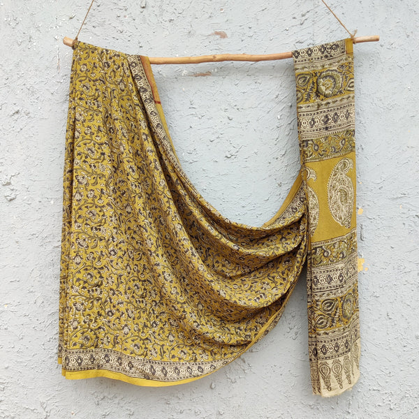 SWARA - Silk Kalamkari Saree Mustard With Small Floral Jaal