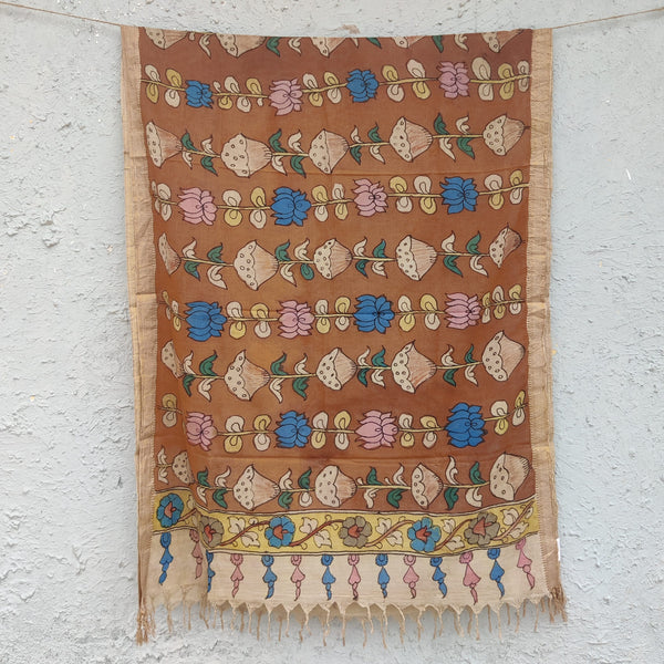 Sanskruti Kalamkari Hand Painted Dupatta Brown Lotus