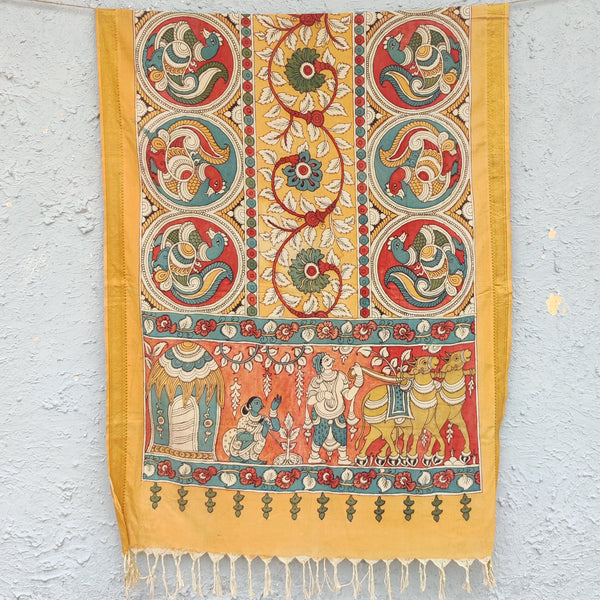 Sanskruti Kalamkari Hand Painted Dupatta Mustard Bullock