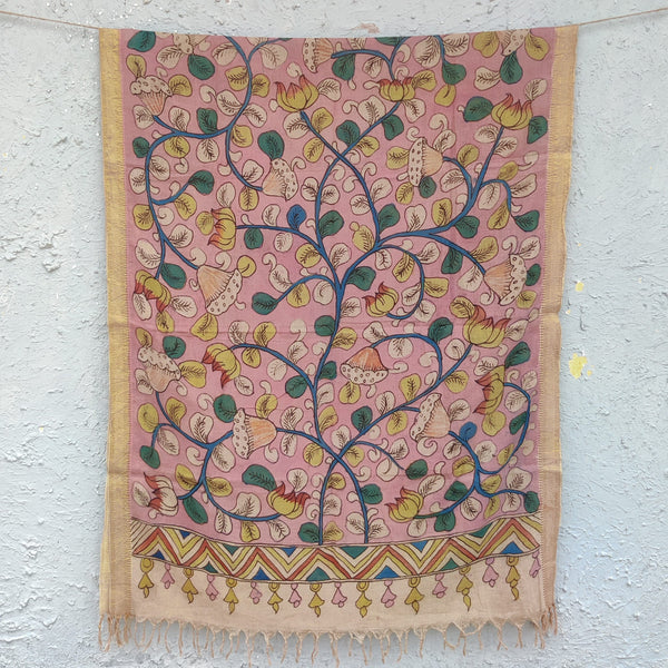 Sanskruti Kalamkari Hand Painted Dupatta Pink Jaal