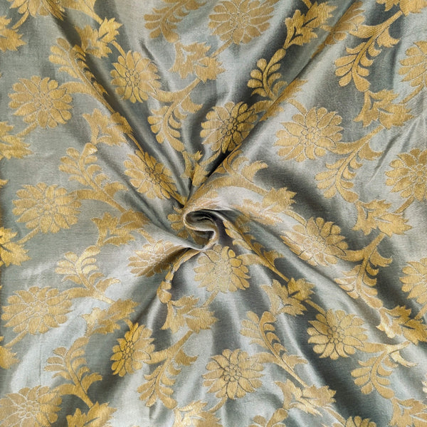 Satin Brocade Grey With Floral Jaal Woven Fabric