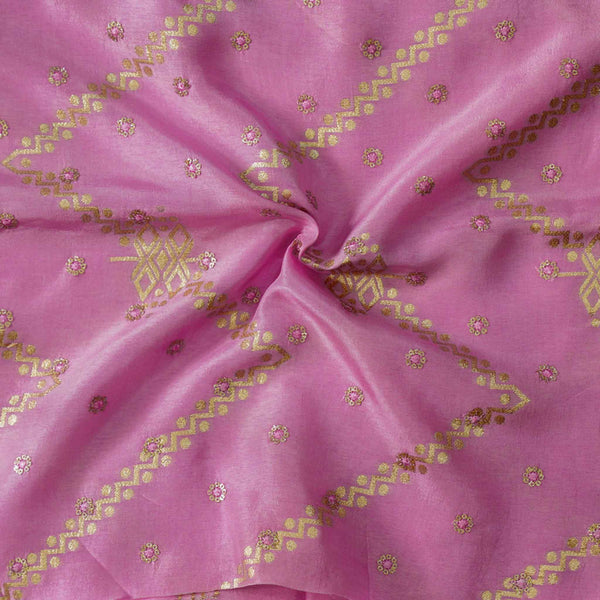 Satin Brocade Pastel Pink Lavender With Zari Zig Zag And Zari Embroidery Woven Fabric