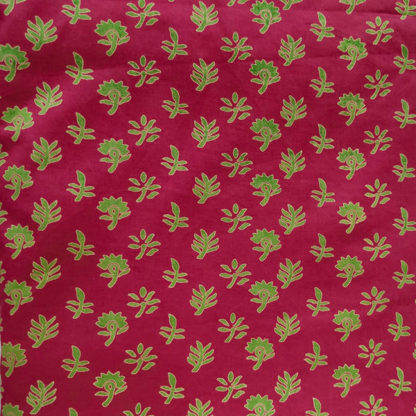 Screen Print Cotton Dull Red With Green Tiny Motifs Fabric