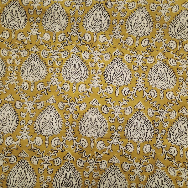 Silk Kalamkari Mustard With Beige Black All Over Pattern Hand Block Print Fabric