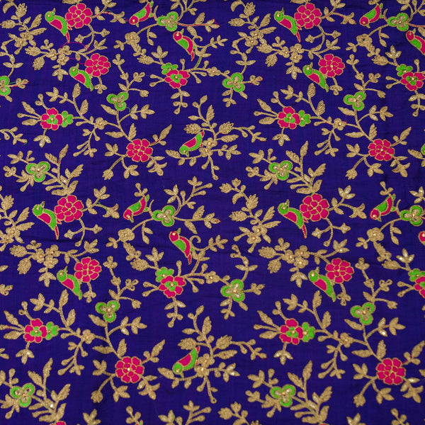 Slub Silk Cotton Royal Blue With A Beautiful Singing Birds Embroidery